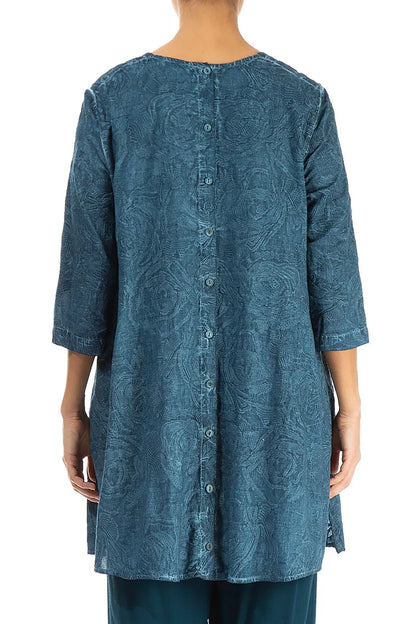 Buttoned Back Embroidered Denim Teal Cotton Tunic 2