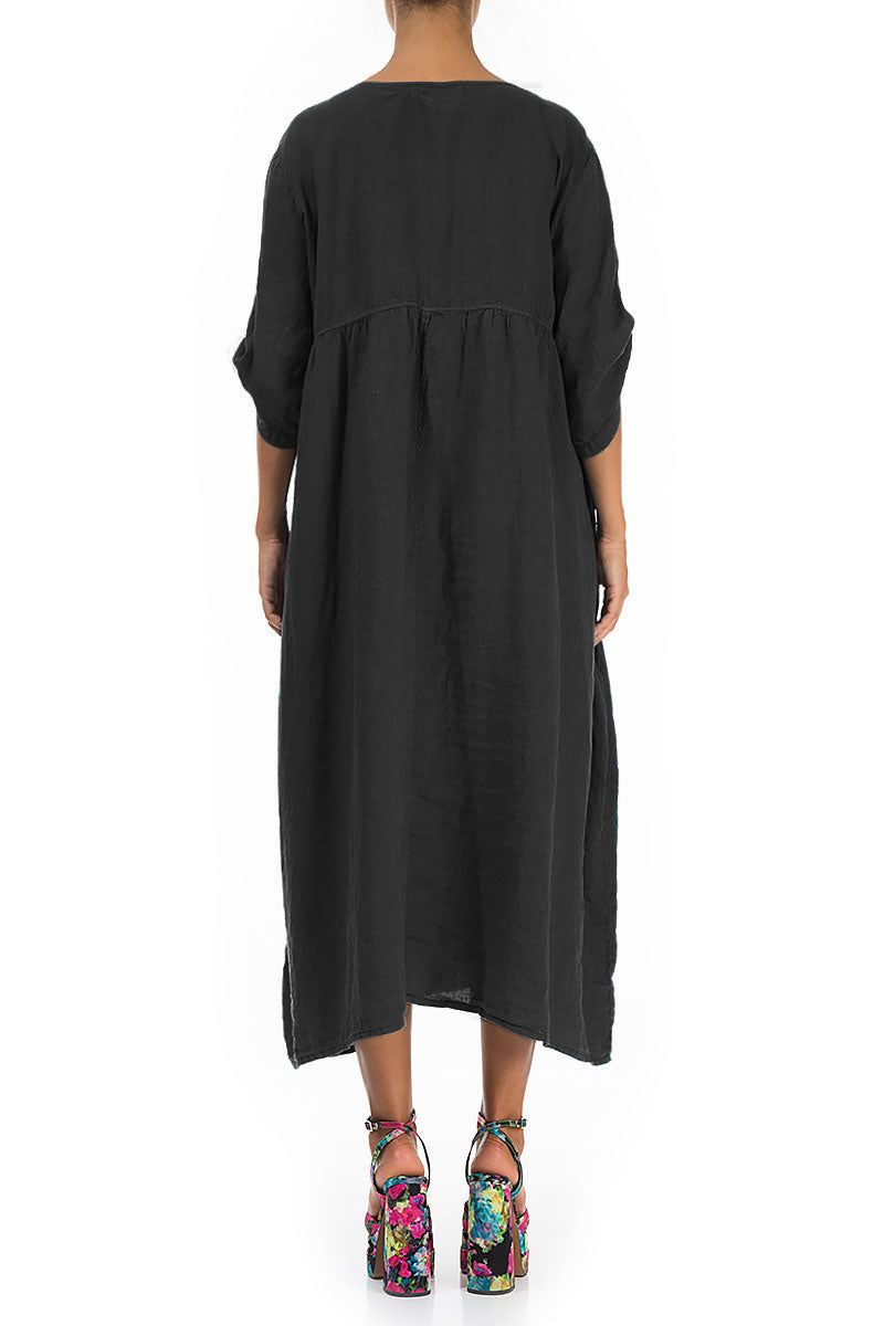 Buttoned Black Linen Dress 2