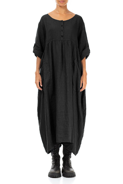 Buttoned Black Linen Dress 1