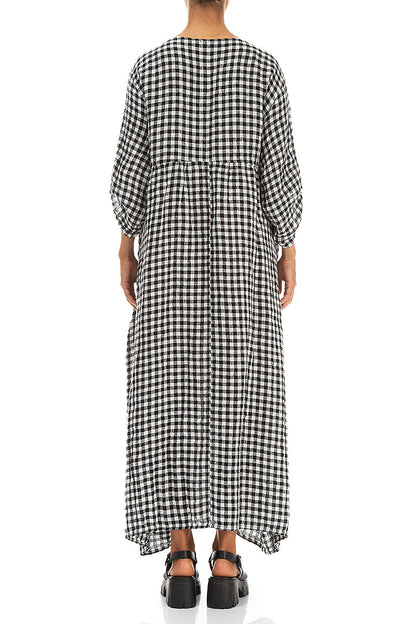 Buttoned Black &amp; White Check Linen Dress 2