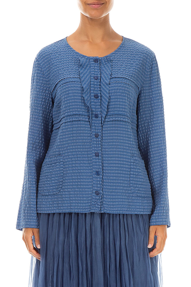 Buttoned Blue Nova Textured Silk Blouse 1