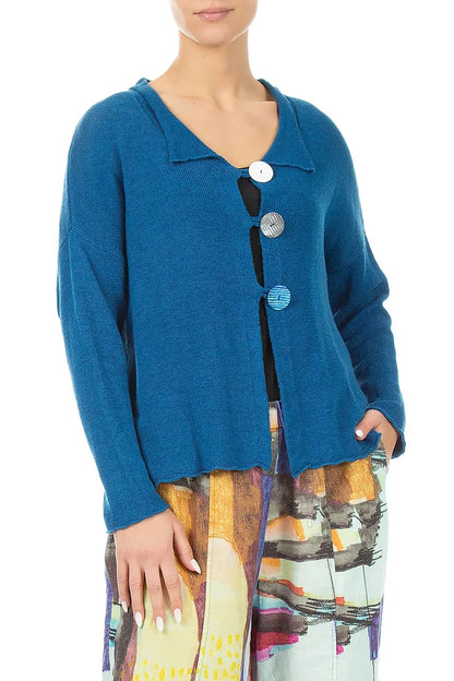 Buttoned Cobalt Blue Linen Cardigan 3