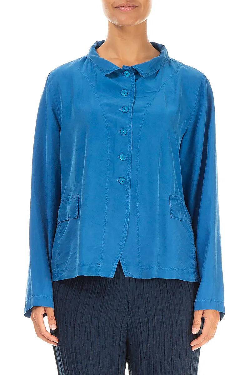 Buttoned Cobalt Blue Pure Silk Jacket 1