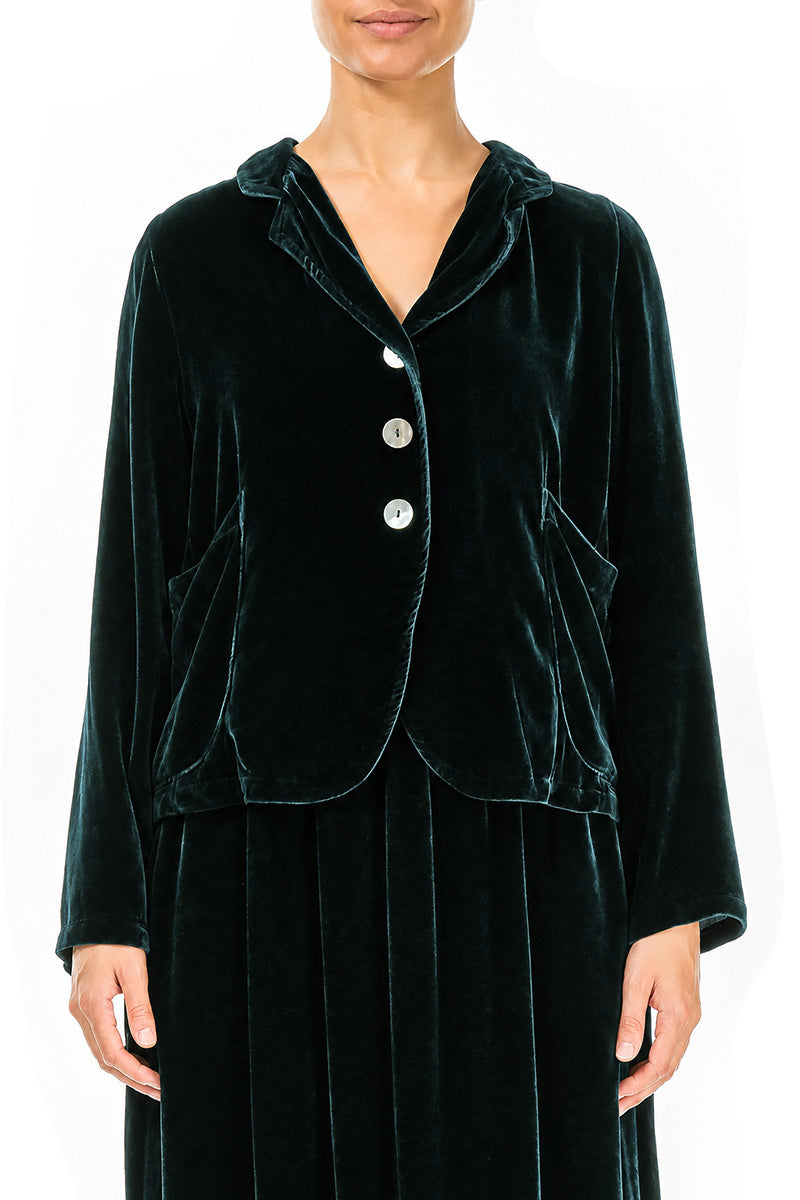 Buttoned Deep Turquoise Silk Velvet Jacket 1