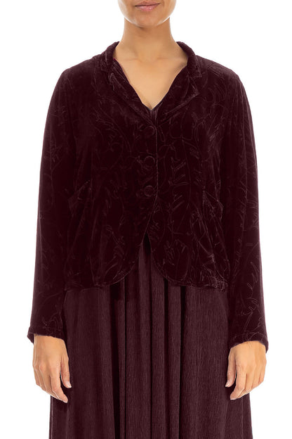 Buttoned Devoré Feather Merlot Silk Velvet Jacket