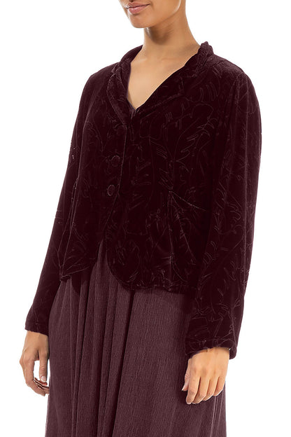 Buttoned Devoré Feather Merlot Silk Velvet Jacket
