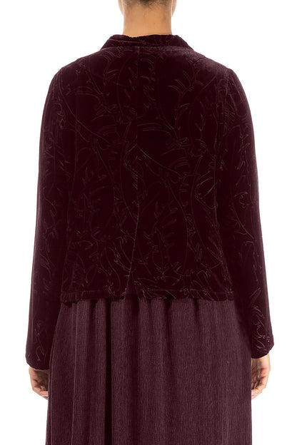 Buttoned Devoré Feather Merlot Silk Velvet Jacket
