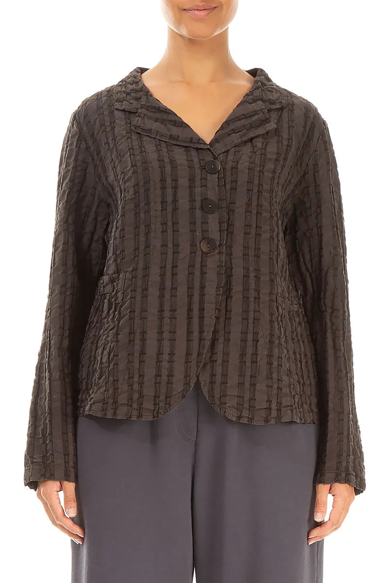 Buttoned Forest Brown Checkered Linen Cotton Jacket