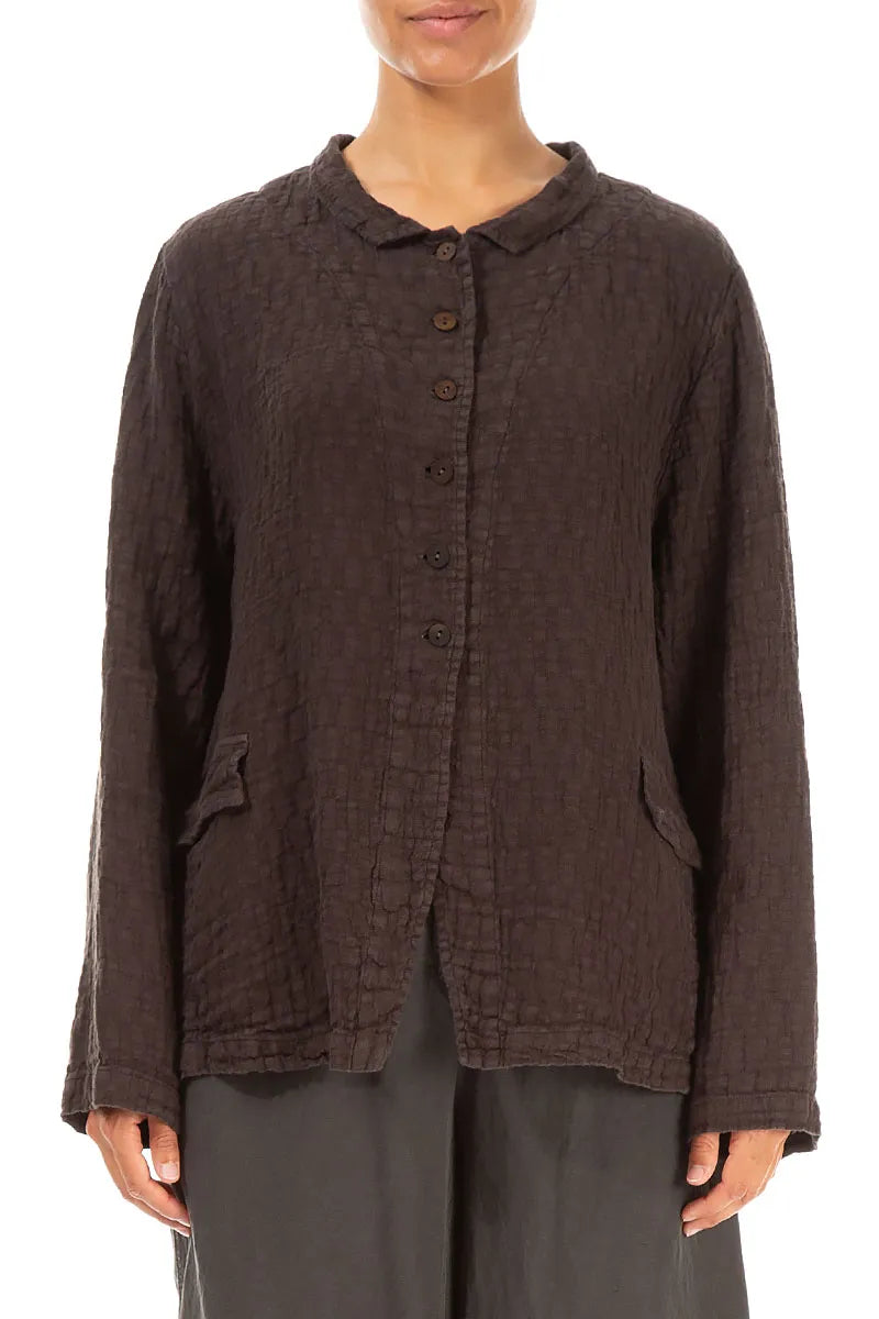 Veste boutonnée en lin texturé marron forêt