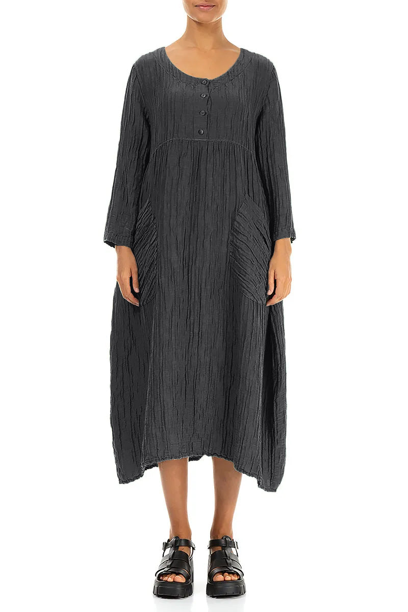 Buttoned Graphite Crinkled Silk Linen Dress 1