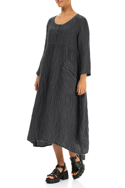 Robe boutonnée en lin et soie froissé graphite