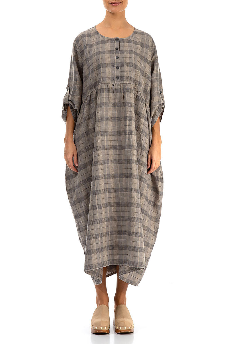 Buttoned Greige Check Linen Dress 1