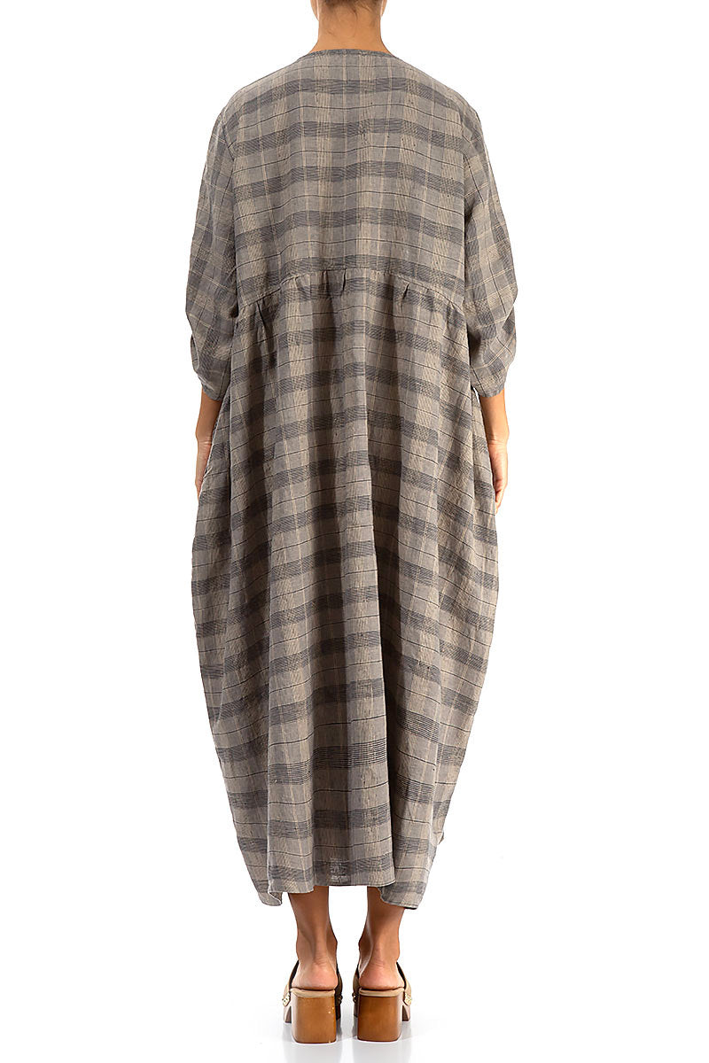 Buttoned Greige Check Linen Dress 2