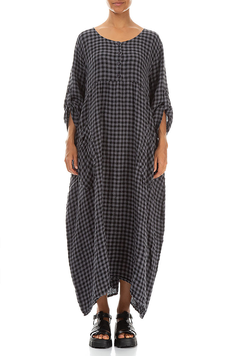 Buttoned Grey Check Linen Dress 1
