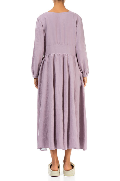 Buttoned V-Neck Light Lilac Linen Dress 2