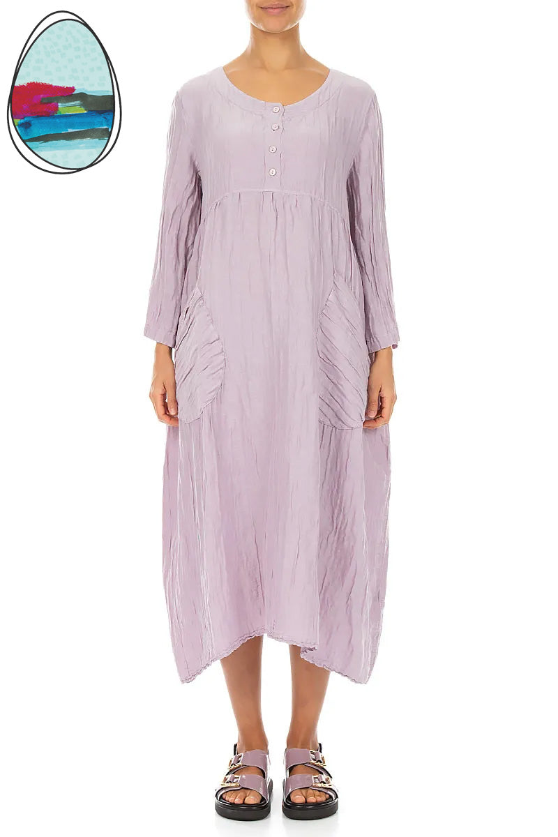 Buttoned Lilac Crinkled Silk Linen Dress 1