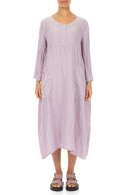 Buttoned Lilac Crinkled Silk Linen Dress 1