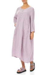 Buttoned Lilac Crinkled Silk Linen Dress 4