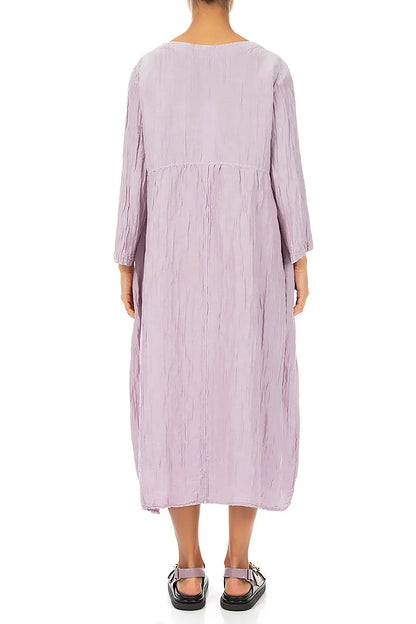 Buttoned Lilac Crinkled Silk Linen Dress 2