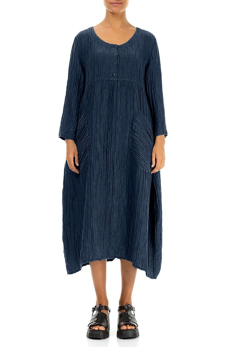 Buttoned Navy Crinkled Silk Linen Dress 1