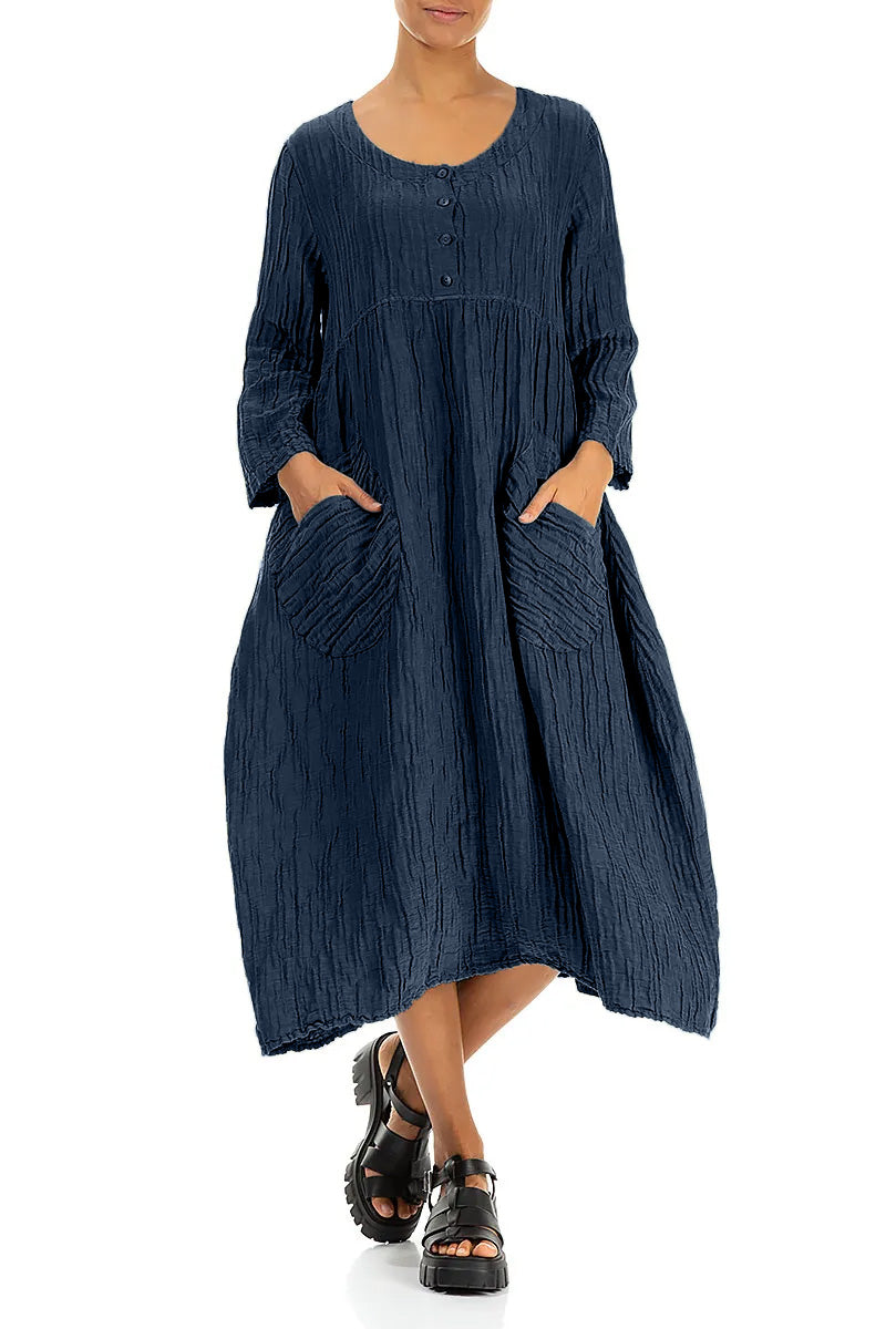 Buttoned Navy Crinkled Silk Linen Dress