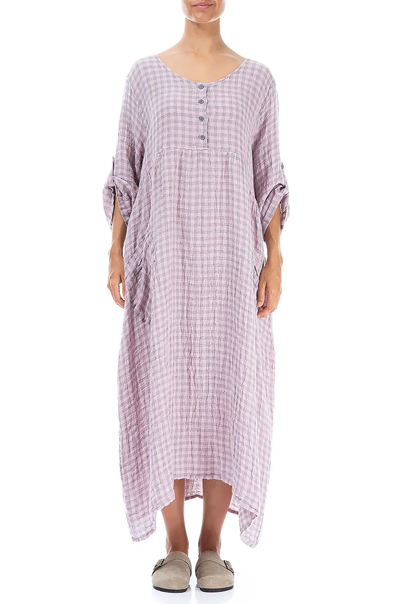 Buttoned Pink Check Linen Dress 1