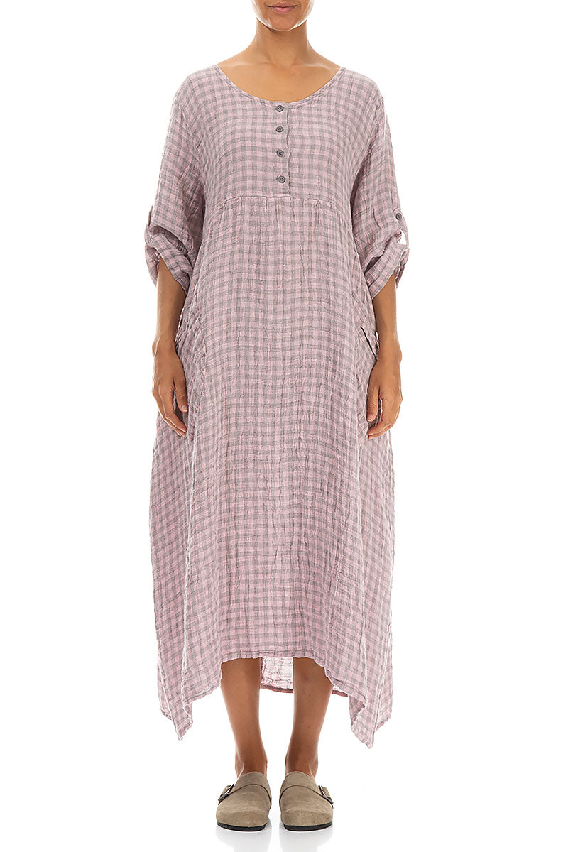 Buttoned Pink Check Linen Dress 1