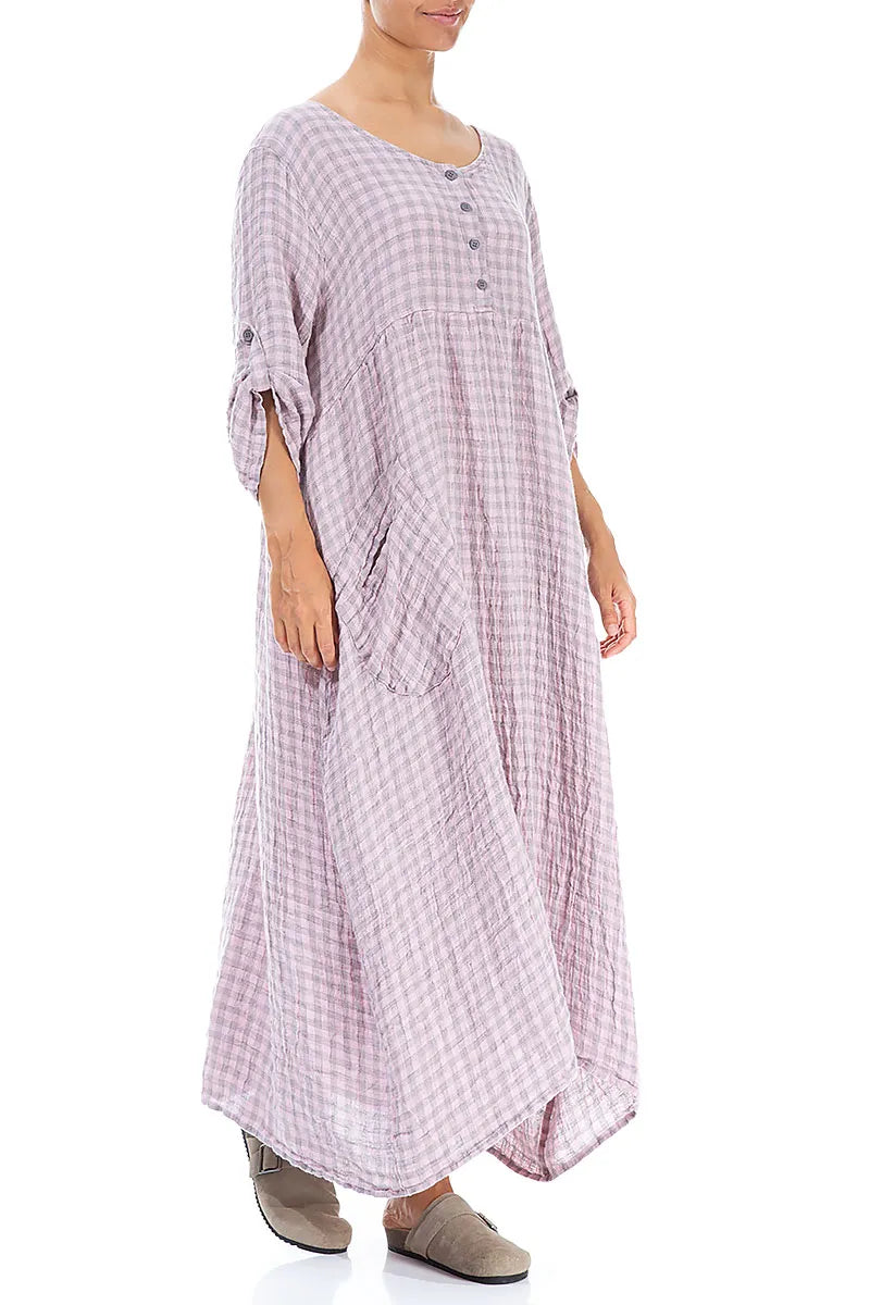 Buttoned Pink Check Linen Dress 3