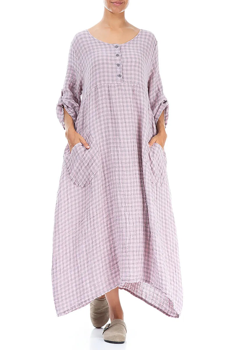 Buttoned Pink Check Linen Dress 4