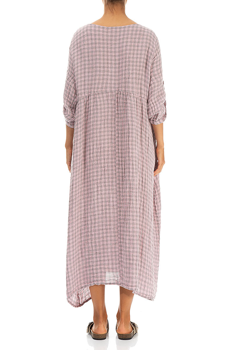 Buttoned Pink Check Linen Dress 2