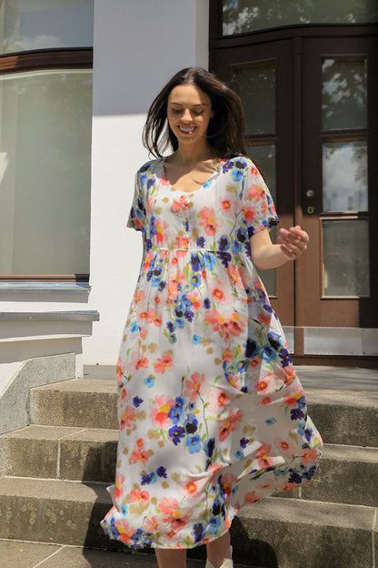 Durchgeknöpftes Seiden-Baumwoll-Kleid Primelfarbenes