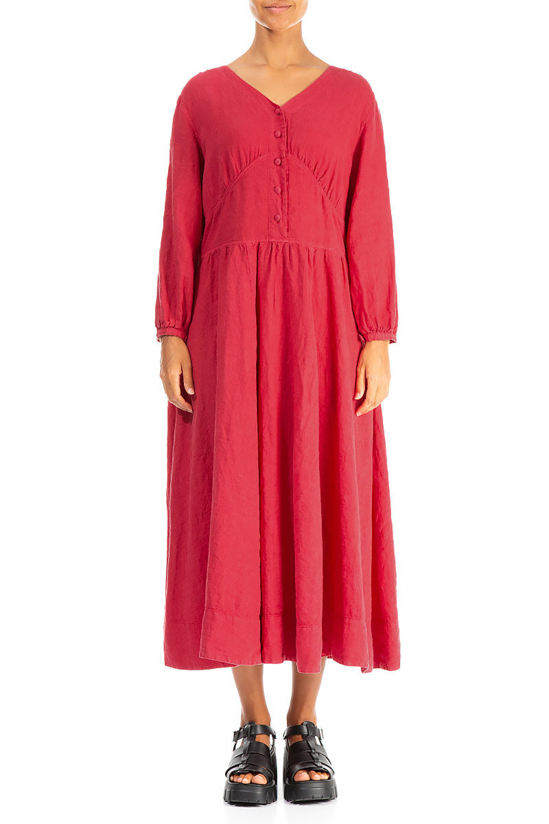 Buttoned V-Neck Raspberry Linen Dress 1