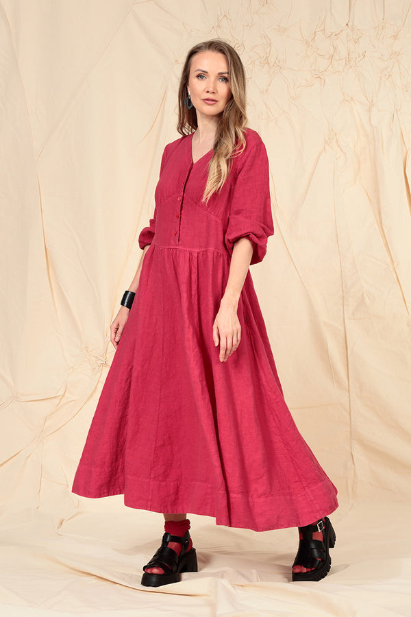 Buttoned V-Neck Raspberry Linen Dress 1
