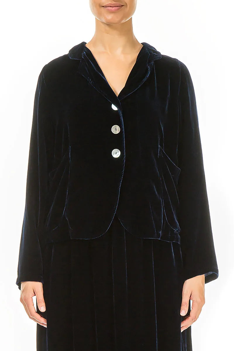 Geknöpfte königsblaue Seidensamtjacke