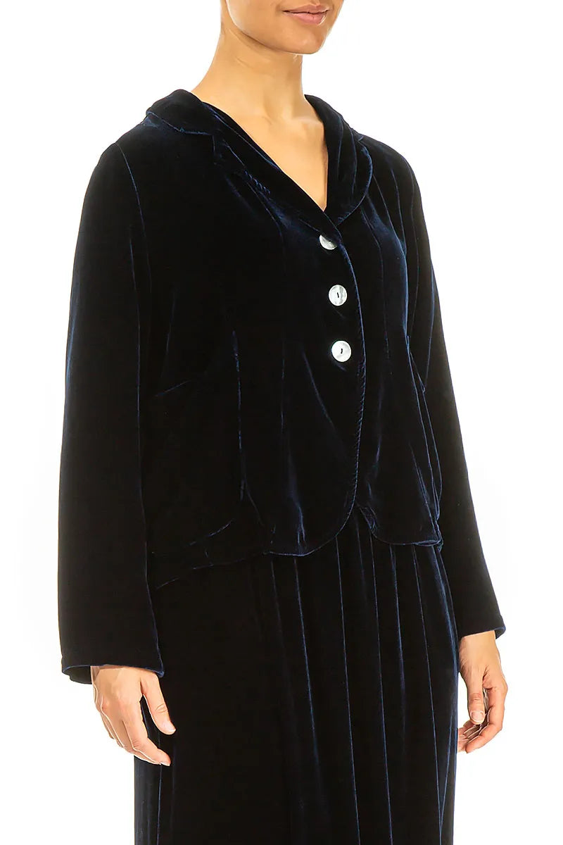Geknöpfte königsblaue Seidensamtjacke