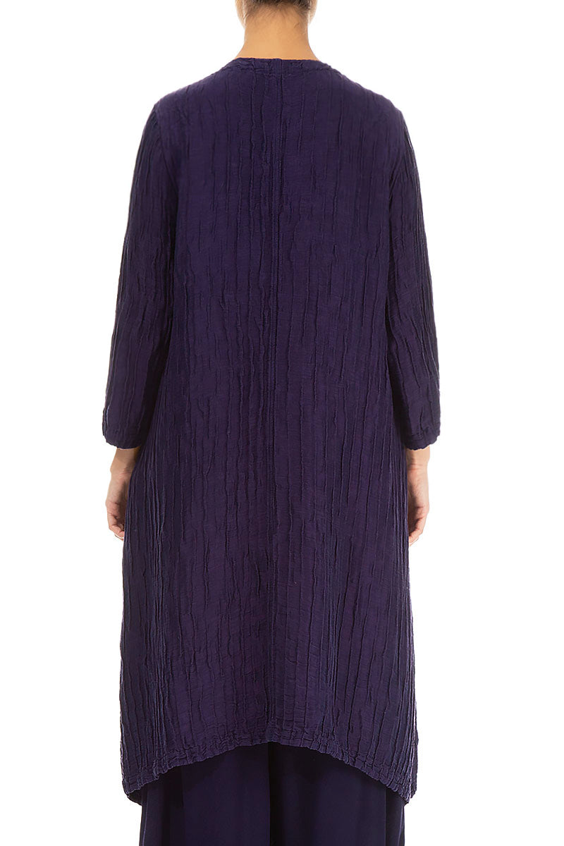 Buttoned Sides Crinkled Royal Purple Silk Linen Tunic 2