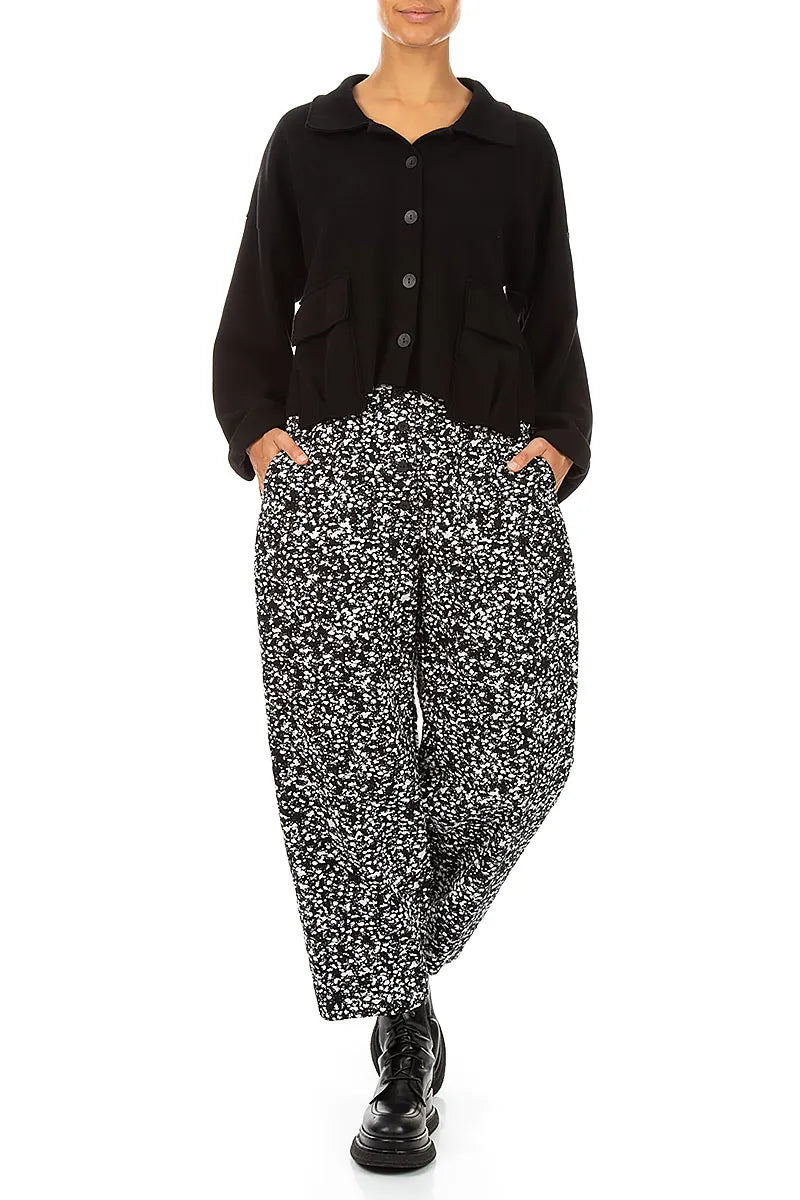Buttoned Speckled Black White Cotton Trousers 4