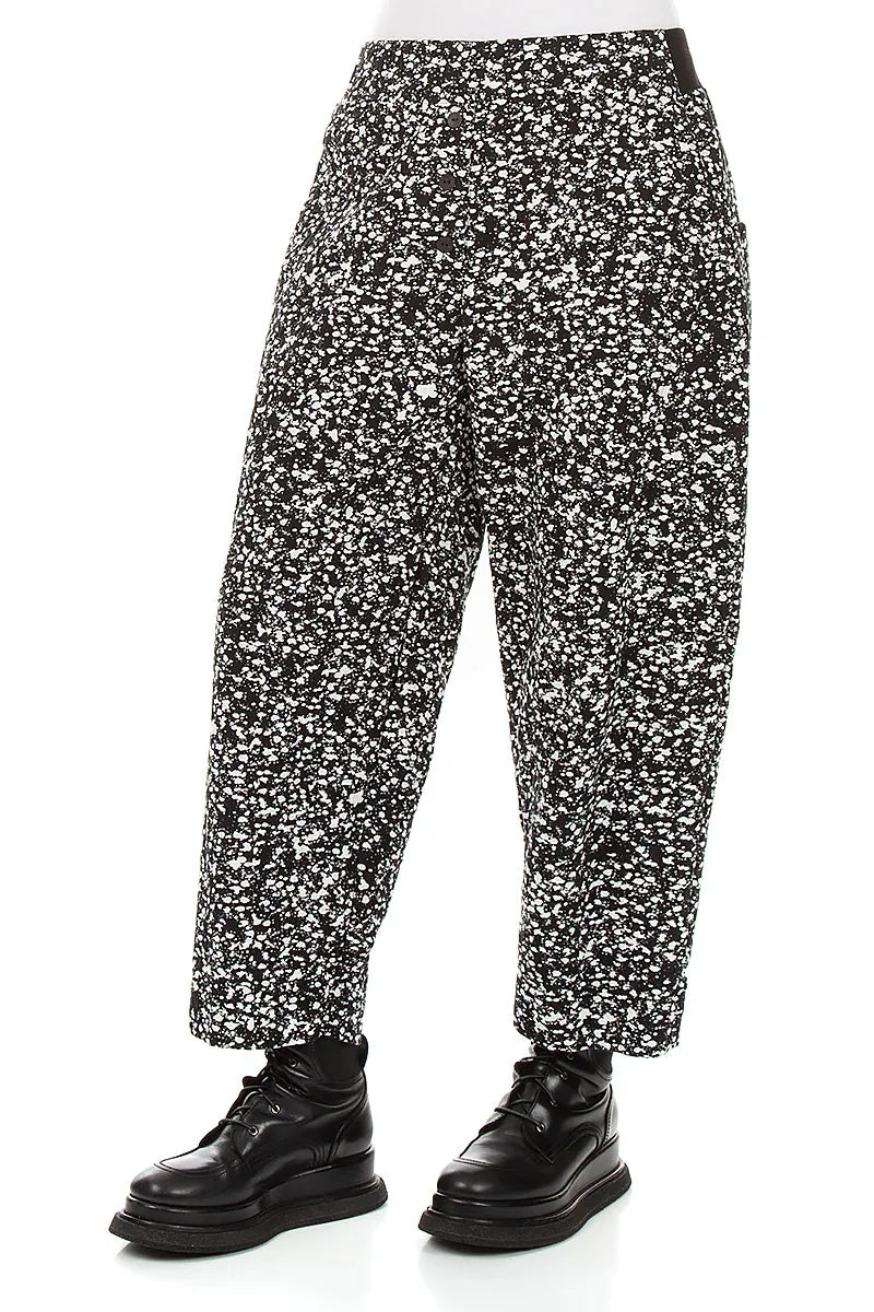 Pantalon boutonné en coton moucheté noir et blanc
