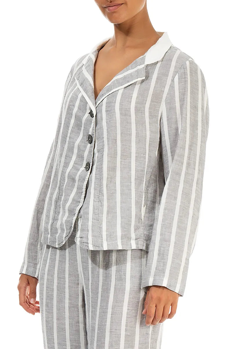 Buttoned Stripy Grey Linen Jacket 3