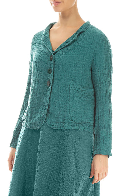 Buttoned Textured Turquoise Linen Jacket 3