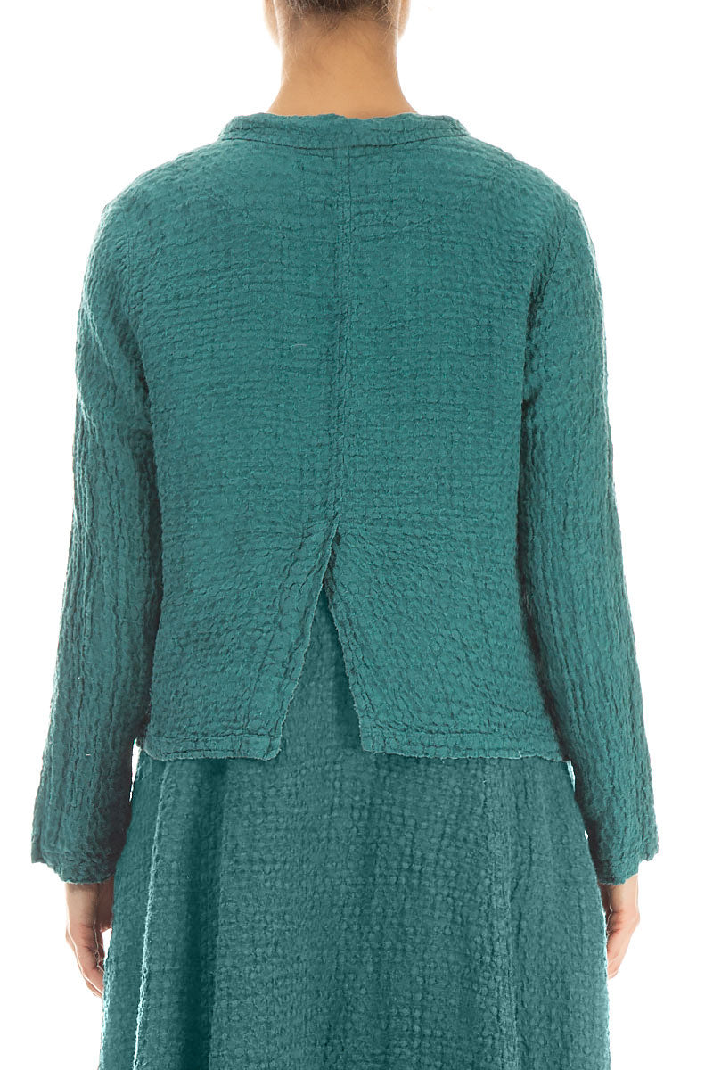 Buttoned Textured Turquoise Linen Jacket 2