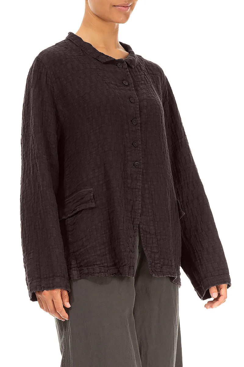 Buttoned Truffle Brown Textured Linen Jacket 3