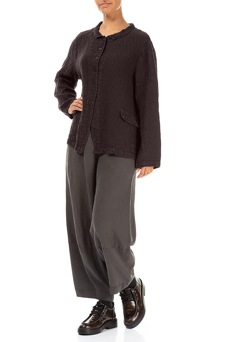 Buttoned Truffle Brown Textured Linen Jacket 4