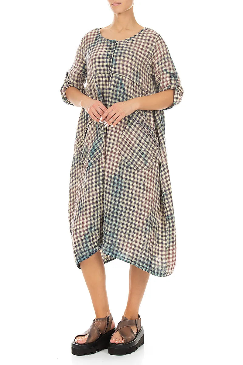 Buttoned Vintage Check Linen Dress