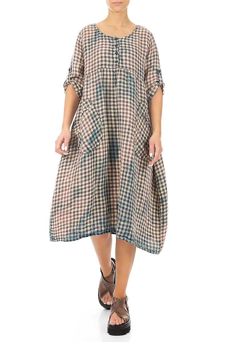 Buttoned Vintage Check Linen Dress