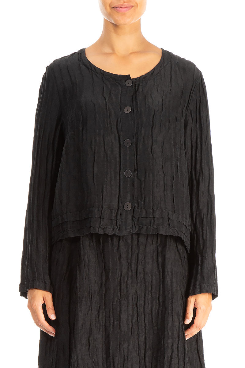 Buttons Crinkled Black Silk Jacket 1