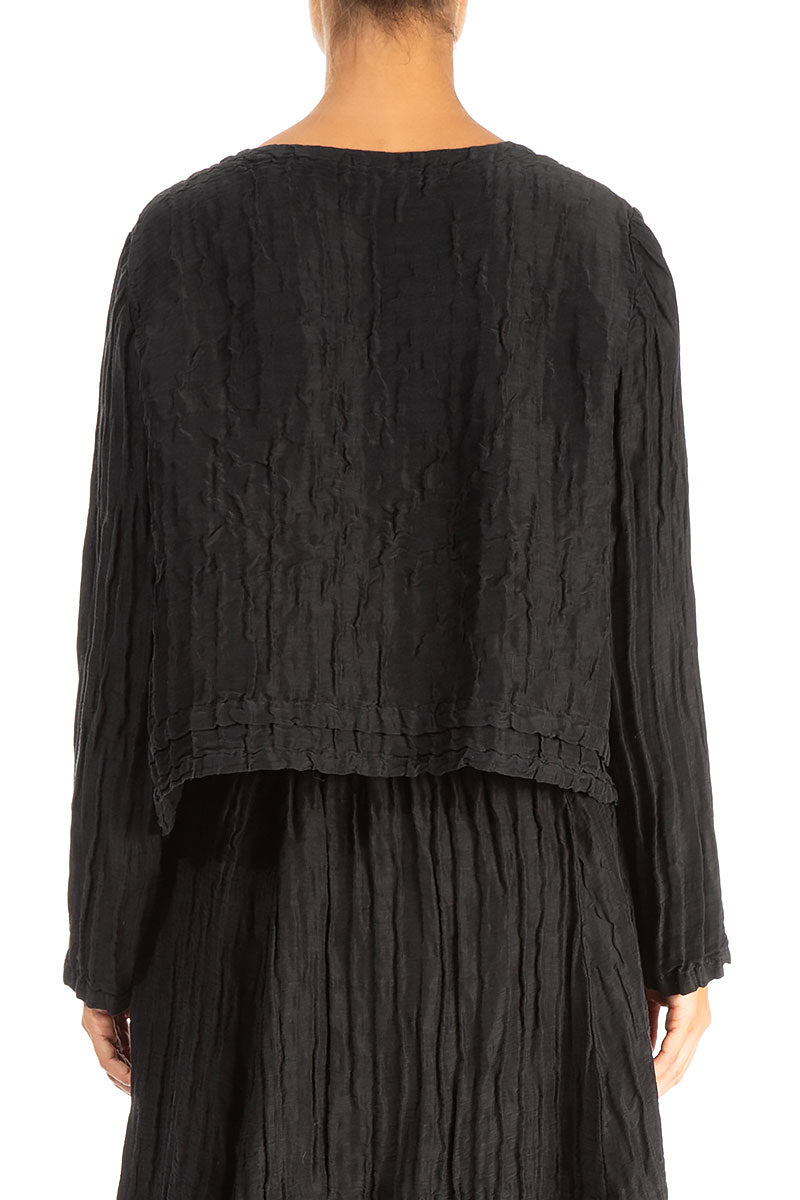 Buttons Crinkled Black Silk Jacket 2