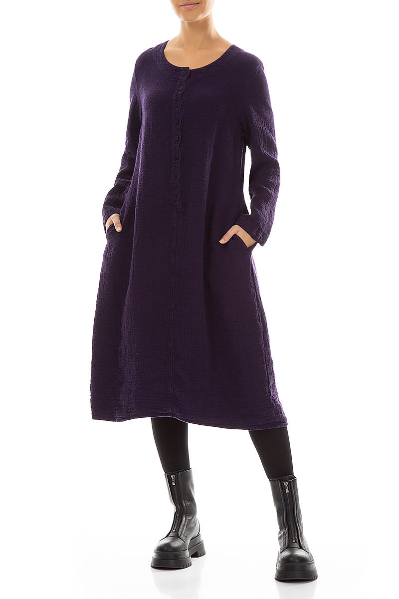 Buttons Front Purple Heavy Linen Dress 4