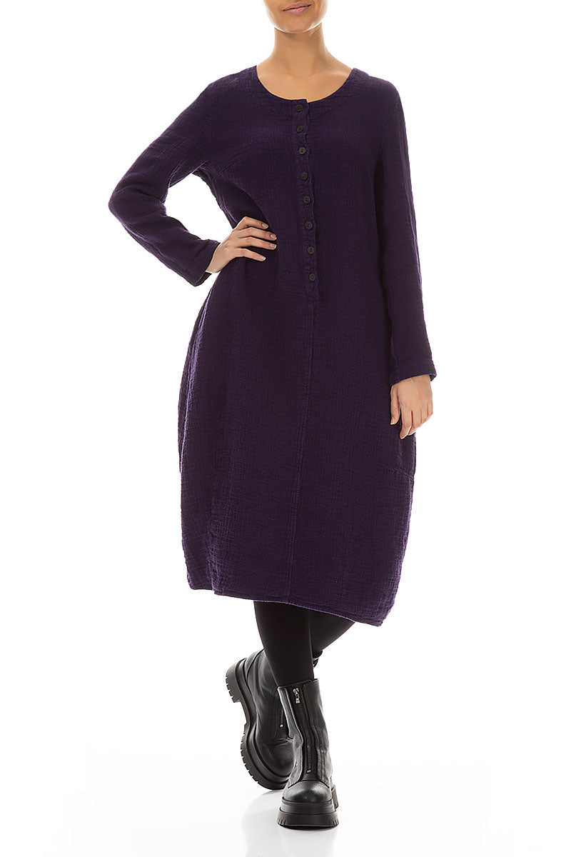 Buttons Front Purple Heavy Linen Dress 5