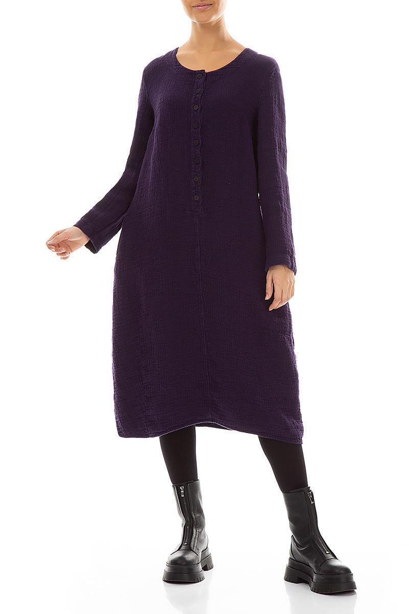 Buttons Front Purple Heavy Linen Dress 3